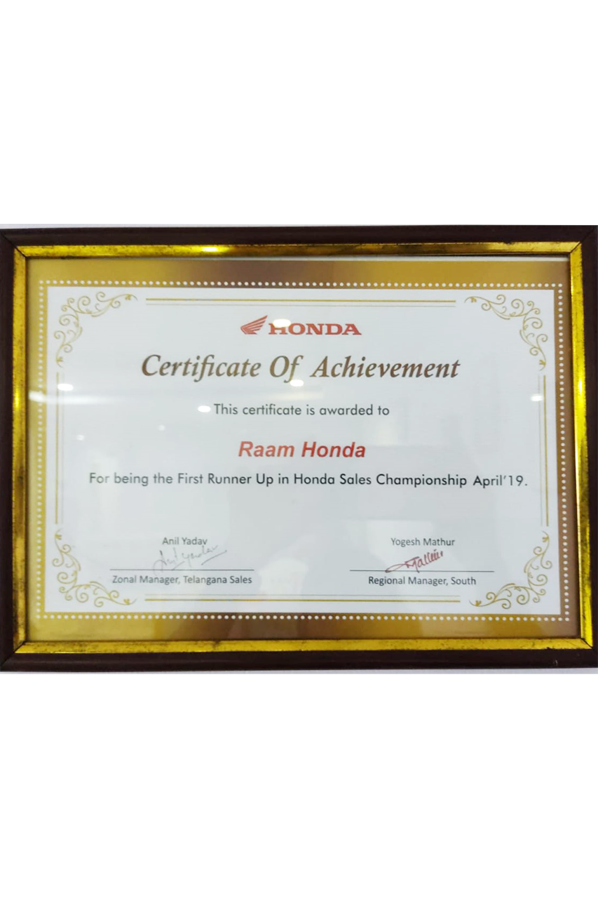 Runner-Up in Honda Sales Championship April 2019