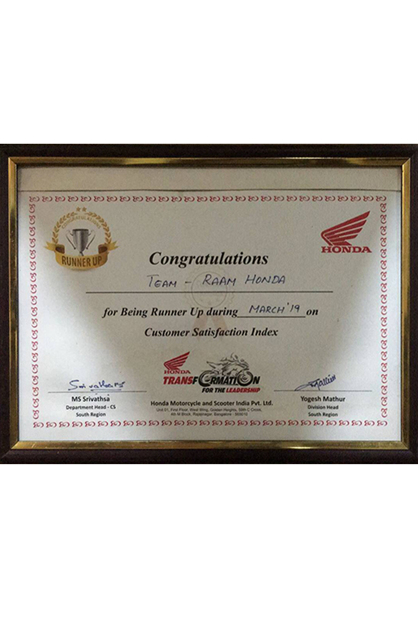 Runner-Up in Customer Satisfaction Index March 2019